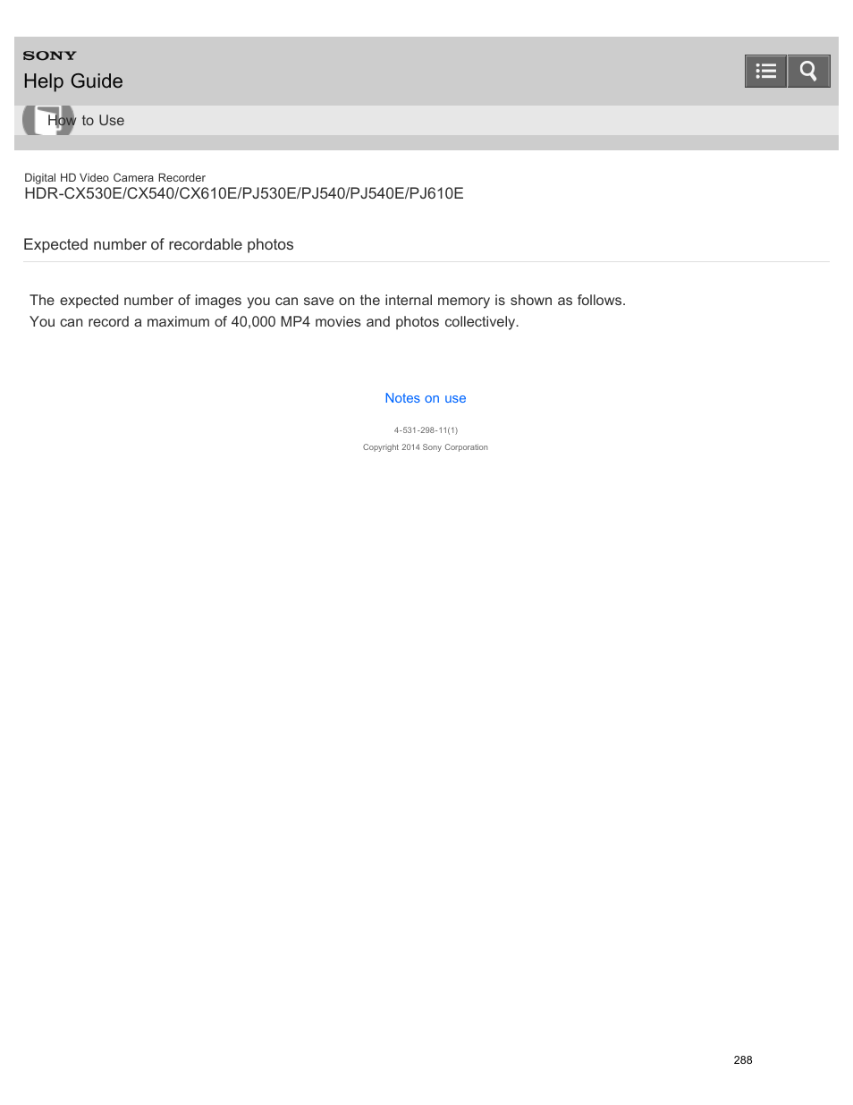 Expected number of recordable photos, Help guide | Sony HDR-PJ540 User Manual | Page 299 / 394