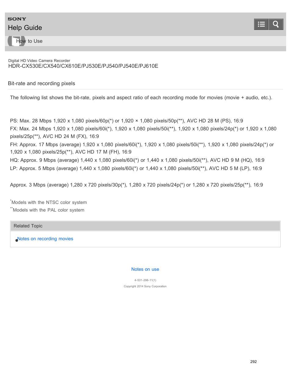 Bit-rate and recording pixels, Help guide | Sony HDR-PJ540 User Manual | Page 303 / 394