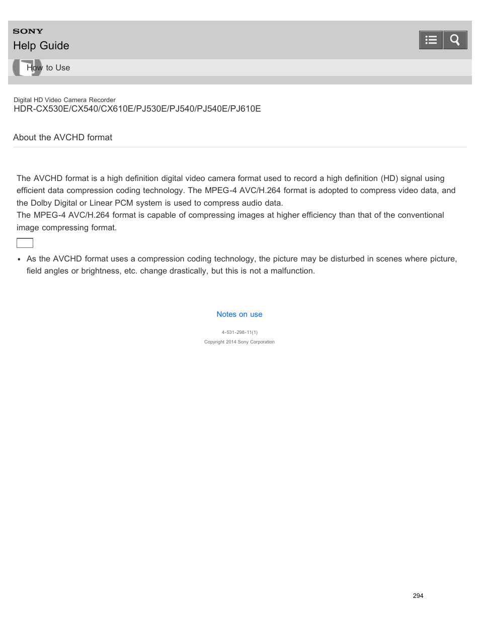About the avchd format, Explains the avchd standard, Help guide | What is the avchd format | Sony HDR-PJ540 User Manual | Page 305 / 394