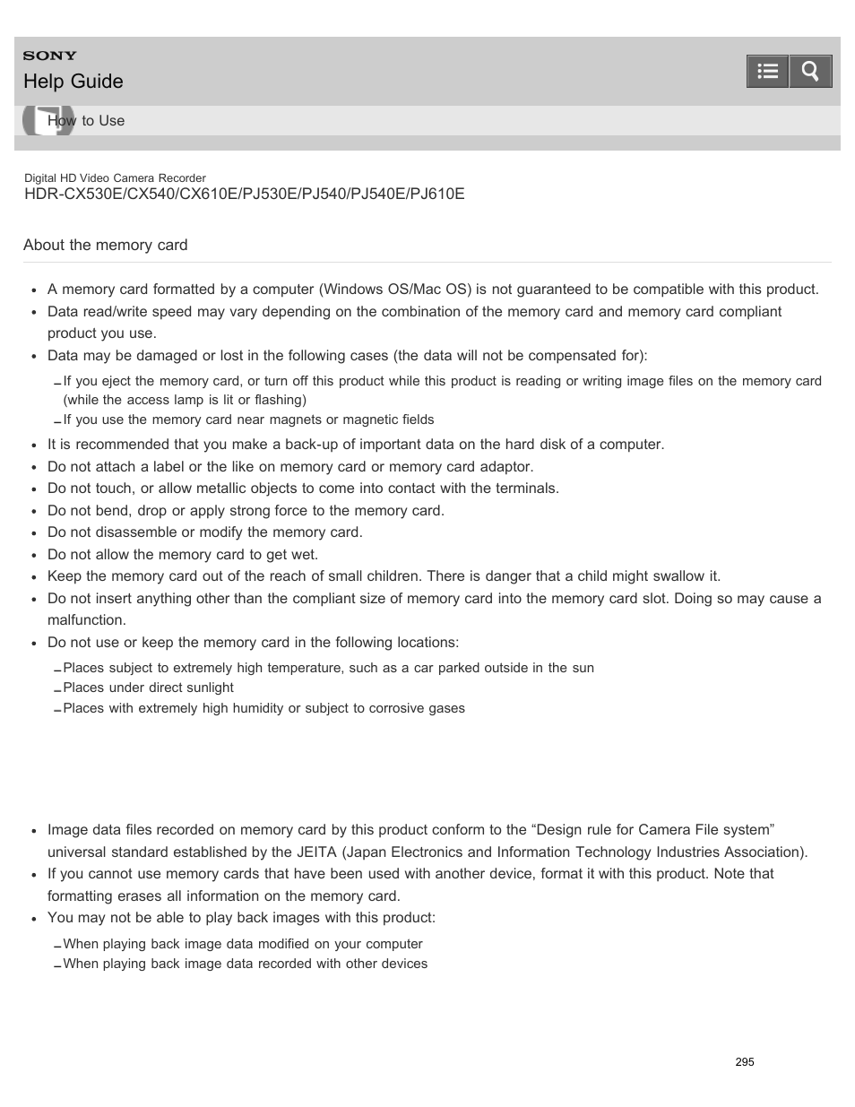 About the memory card, Read the precautions regarding memory cards, Help guide | Sony HDR-PJ540 User Manual | Page 306 / 394