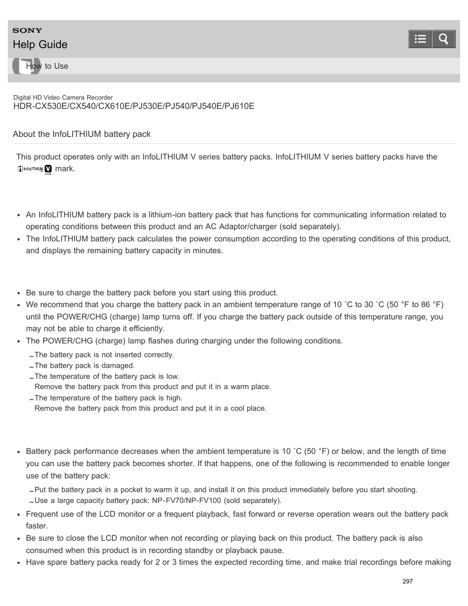 About the infolithium battery pack, Read the battery information, Help guide | Sony HDR-PJ540 User Manual | Page 308 / 394