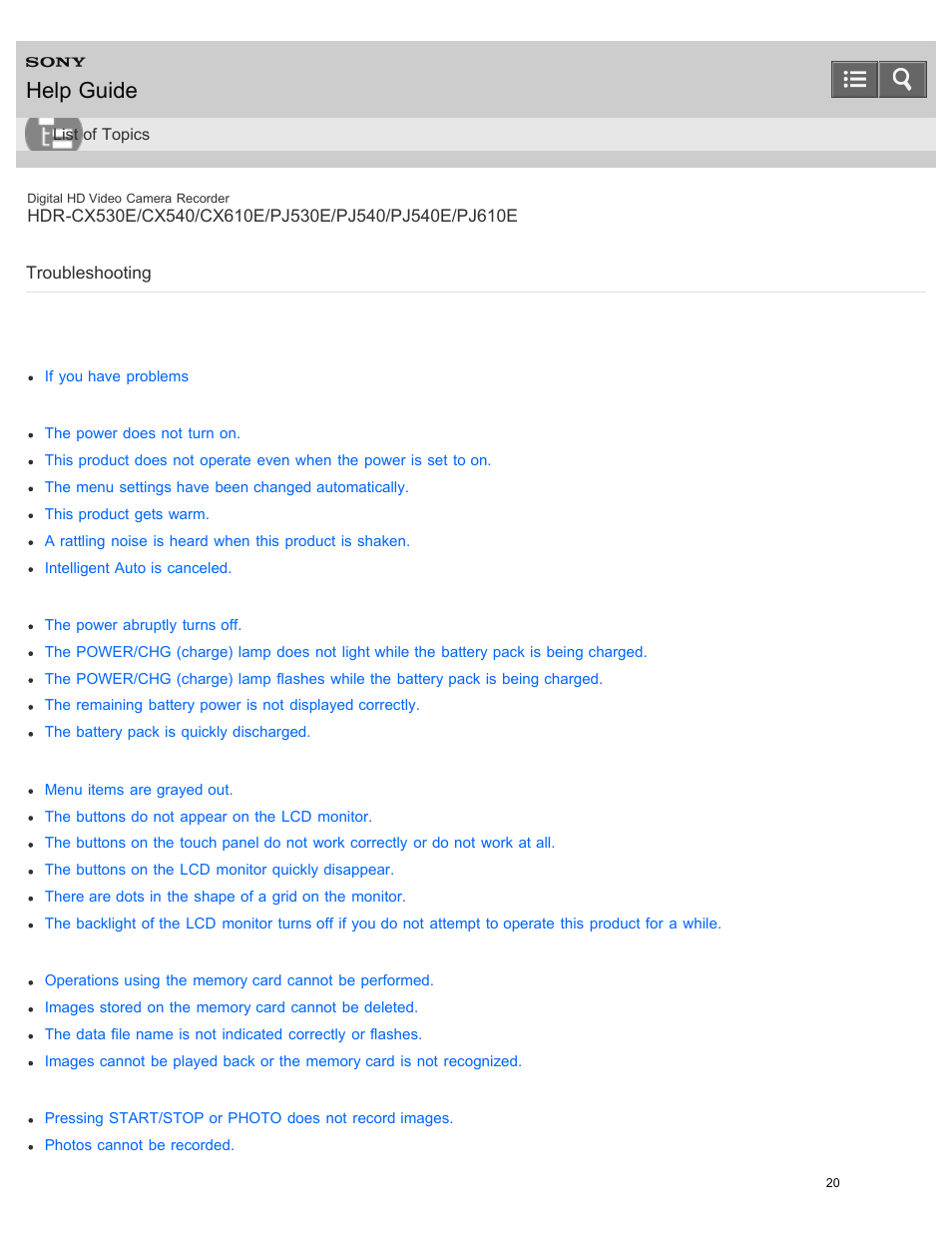 Troubleshooting, Help guide | Sony HDR-PJ540 User Manual | Page 31 / 394