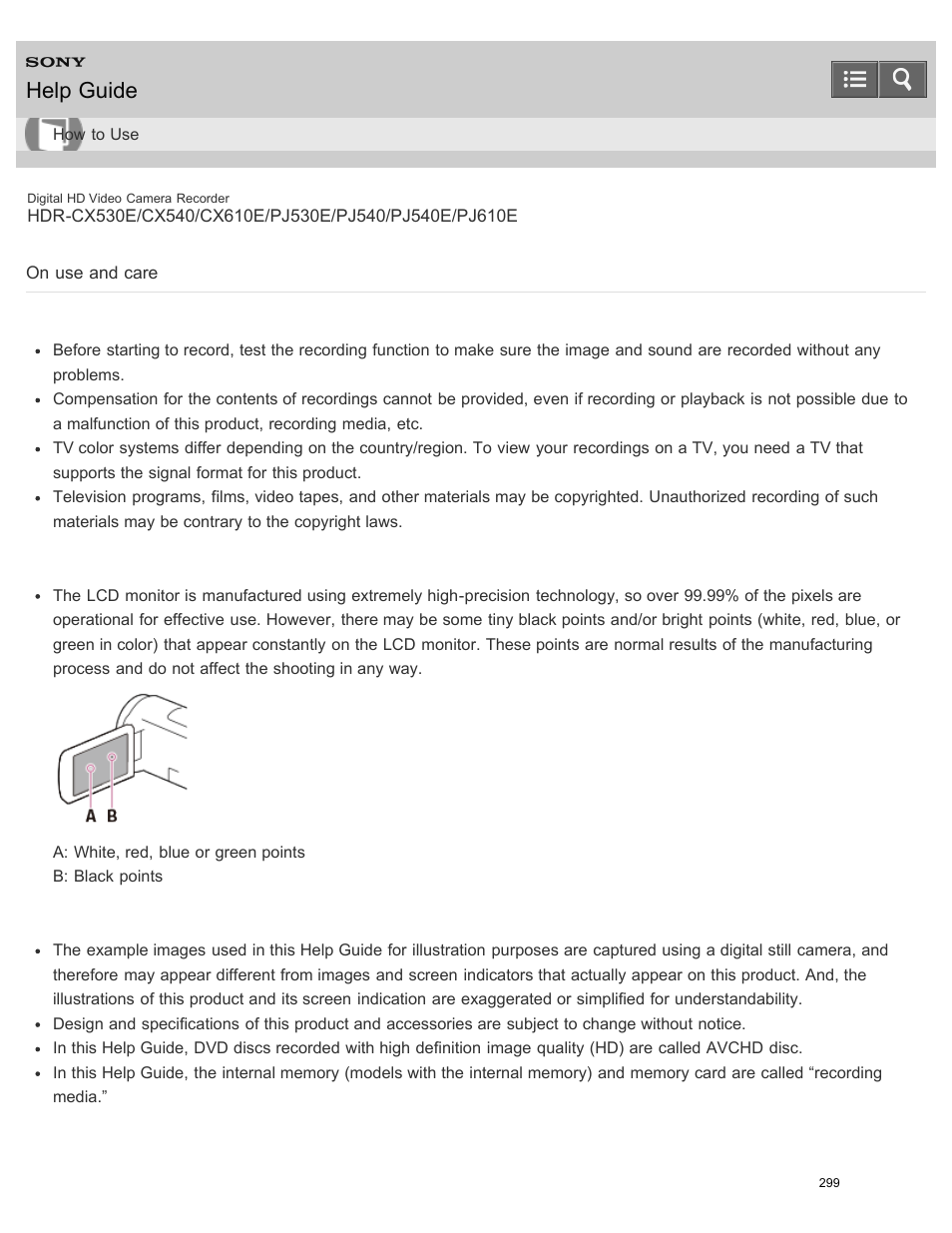 On use and care, Read the precautions, etc for using this product, Help guide | Sony HDR-PJ540 User Manual | Page 310 / 394
