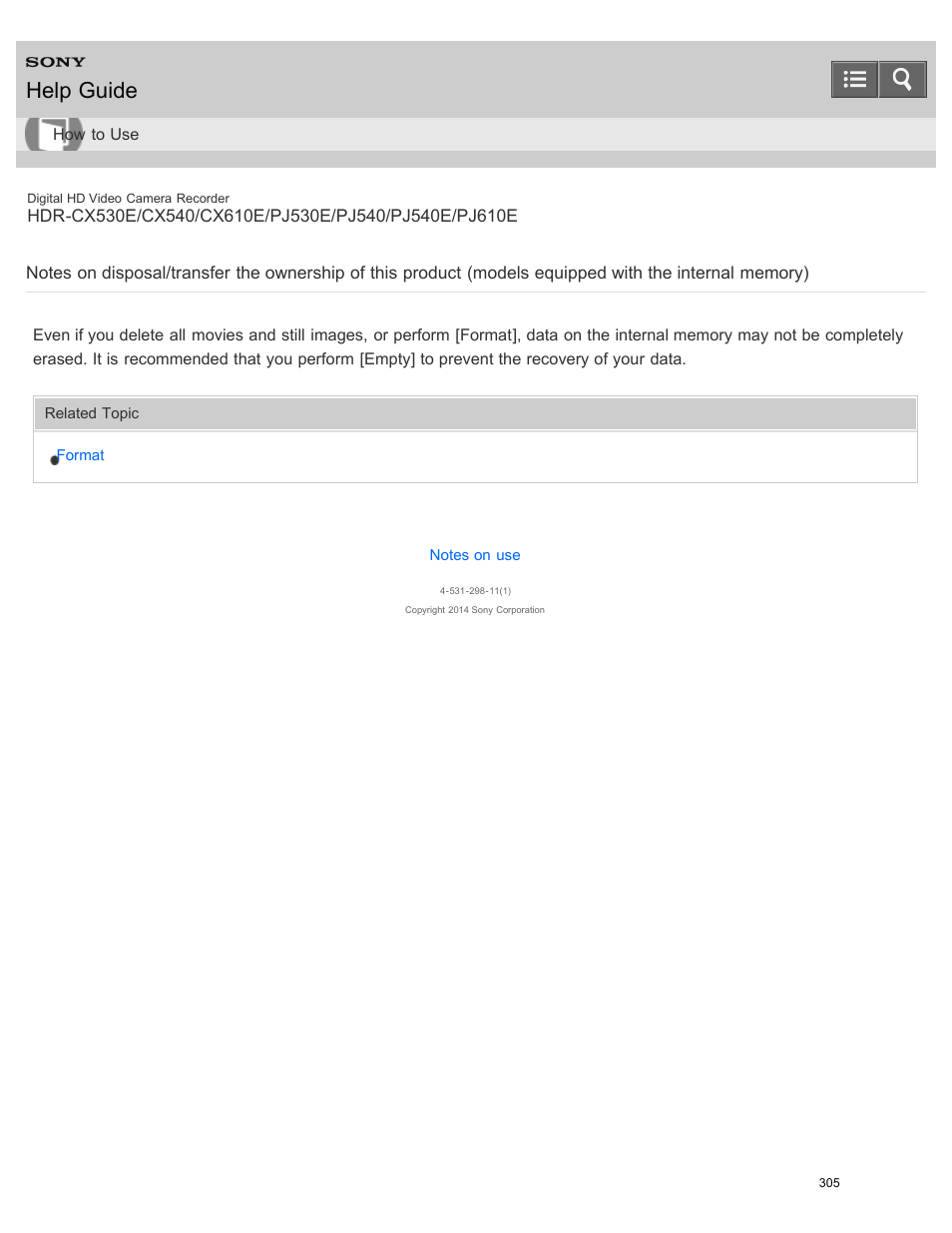 Equipped with the internal memory), Help guide | Sony HDR-PJ540 User Manual | Page 316 / 394