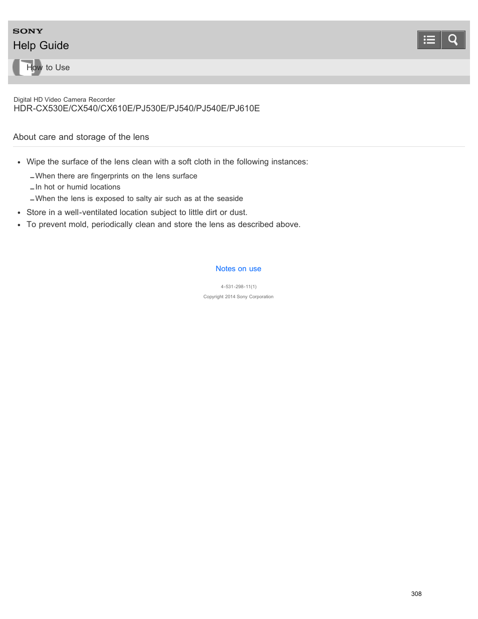 About care and storage of the lens, Help guide | Sony HDR-PJ540 User Manual | Page 319 / 394