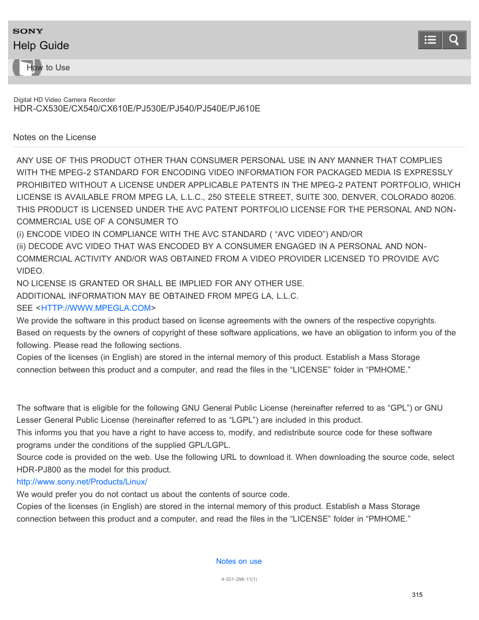Notes on the license, Help guide | Sony HDR-PJ540 User Manual | Page 326 / 394