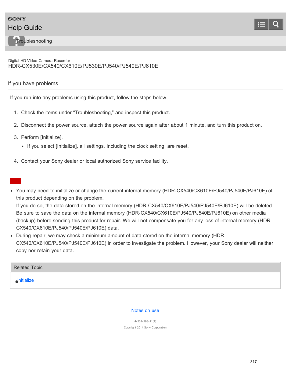 If you have problems, Help guide | Sony HDR-PJ540 User Manual | Page 328 / 394