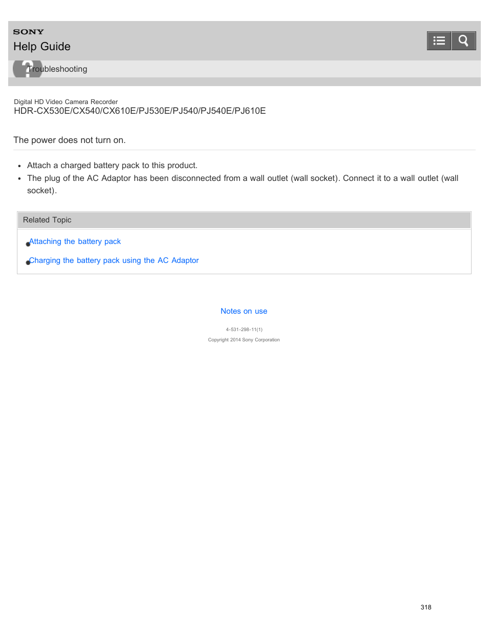 The power does not turn on, Help guide | Sony HDR-PJ540 User Manual | Page 329 / 394