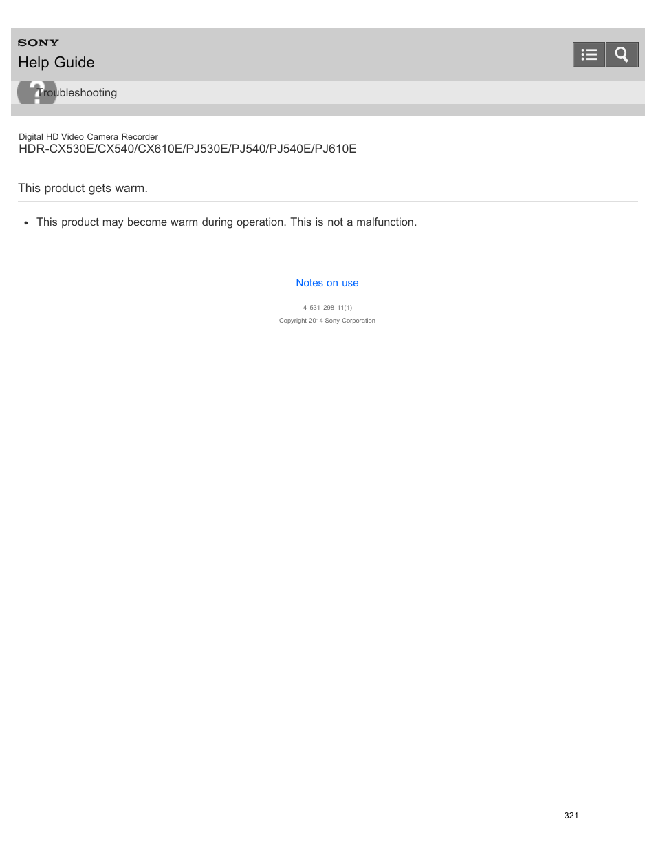 This product gets warm, Help guide | Sony HDR-PJ540 User Manual | Page 332 / 394