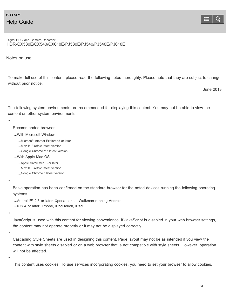 Notes on use, Help guide | Sony HDR-PJ540 User Manual | Page 34 / 394