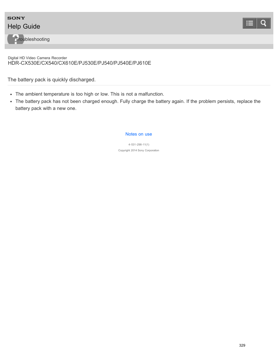 The battery pack is quickly discharged, Help guide | Sony HDR-PJ540 User Manual | Page 340 / 394