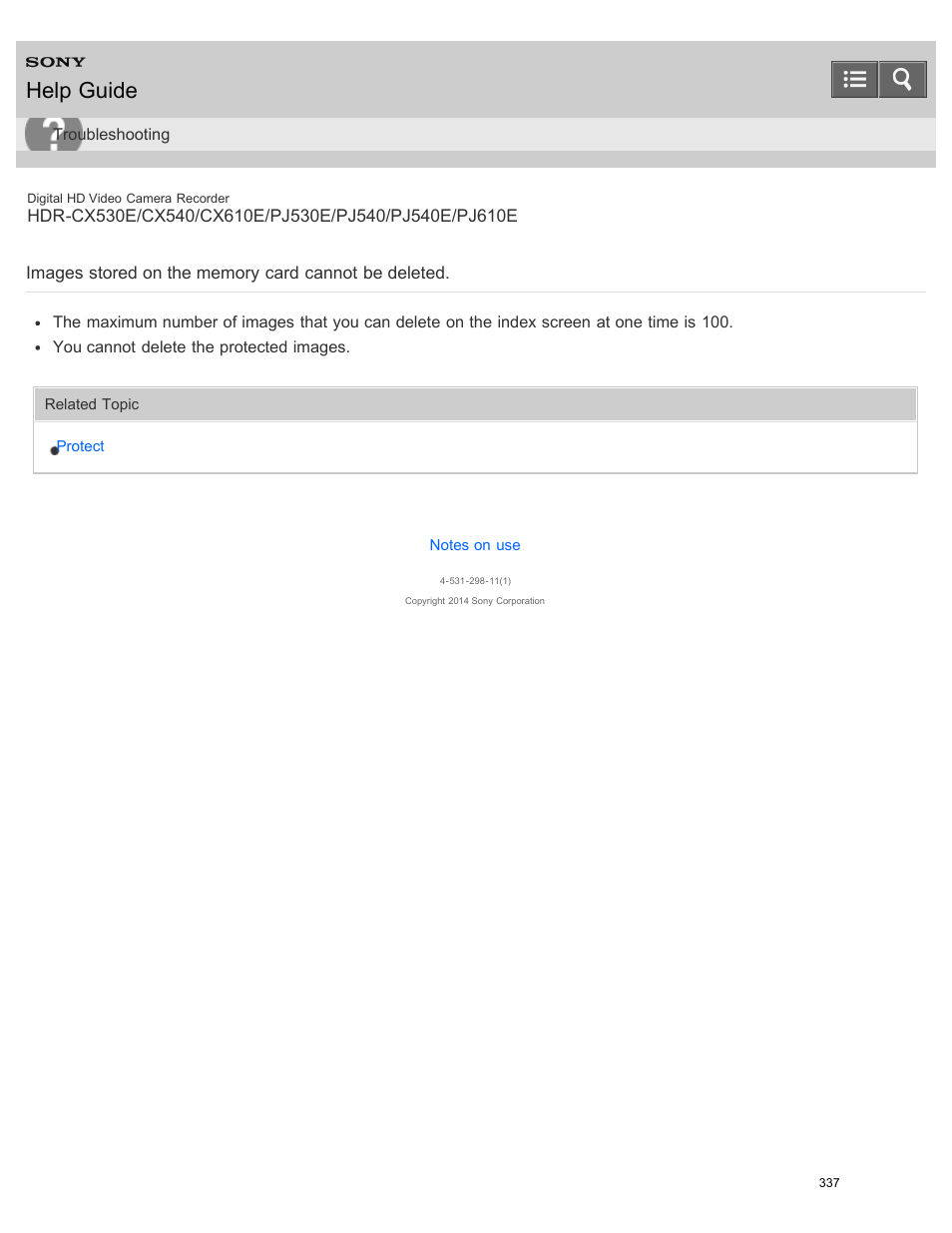 Images stored on the memory card cannot be deleted, Help guide | Sony HDR-PJ540 User Manual | Page 348 / 394