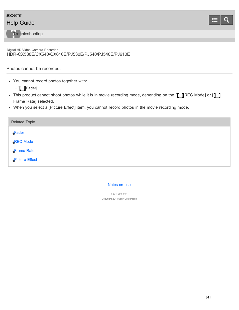 Photos cannot be recorded, Help guide | Sony HDR-PJ540 User Manual | Page 352 / 394