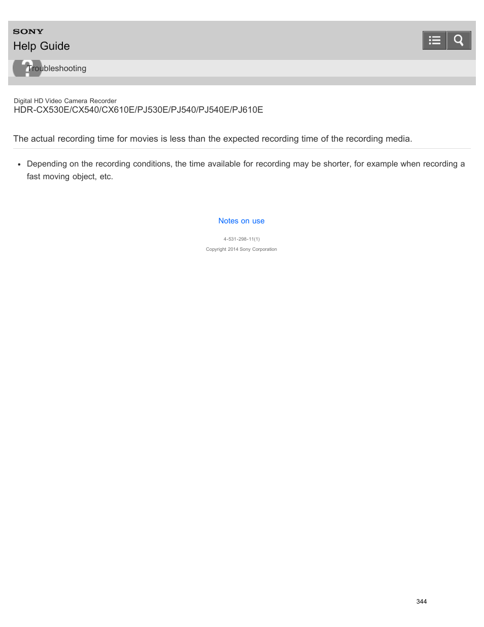 Recording time of the recording media, Help guide | Sony HDR-PJ540 User Manual | Page 355 / 394