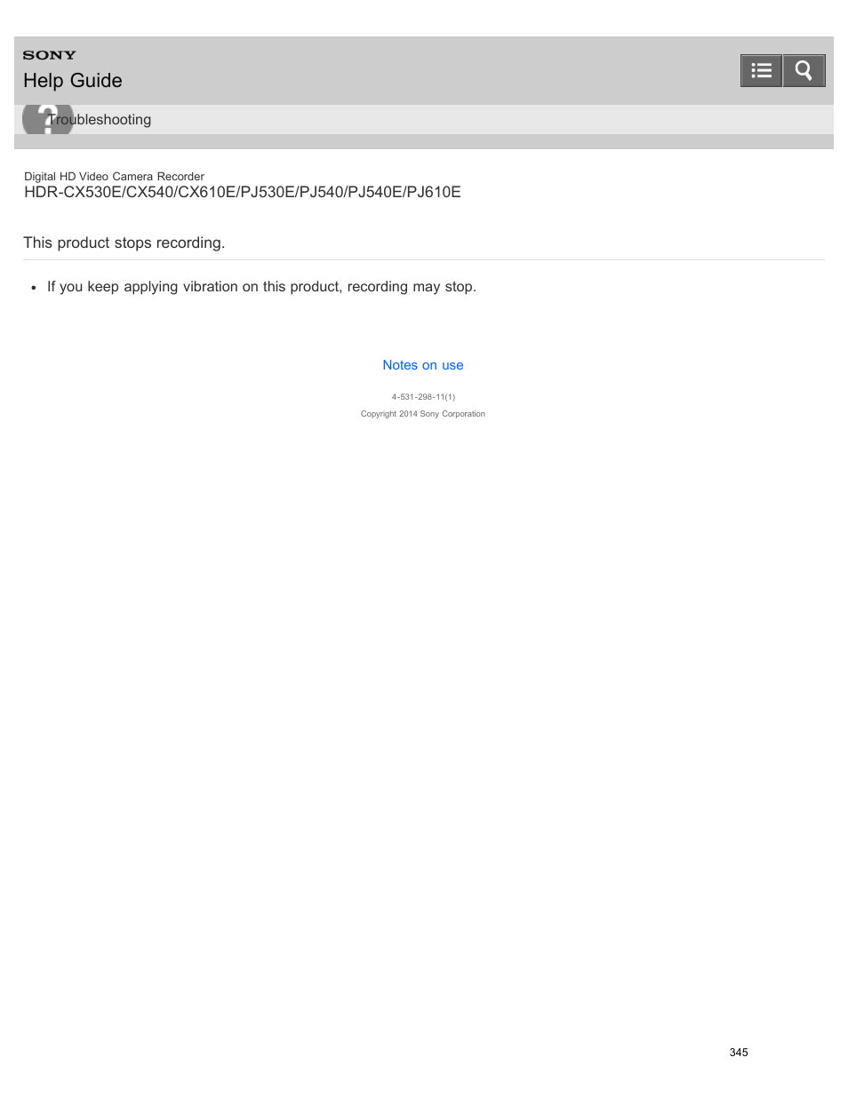 This product stops recording, Help guide | Sony HDR-PJ540 User Manual | Page 356 / 394