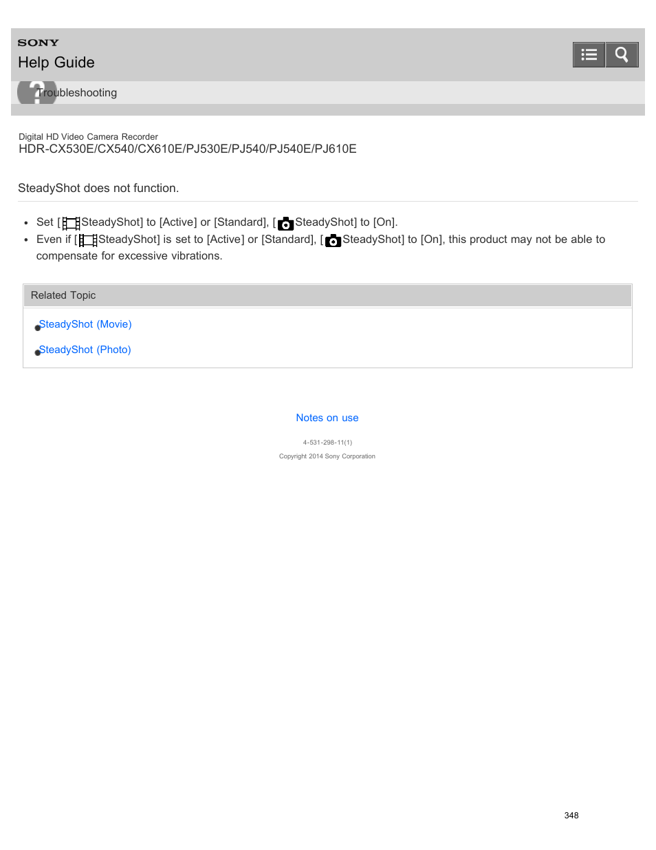 Steadyshot does not function, Help guide | Sony HDR-PJ540 User Manual | Page 359 / 394