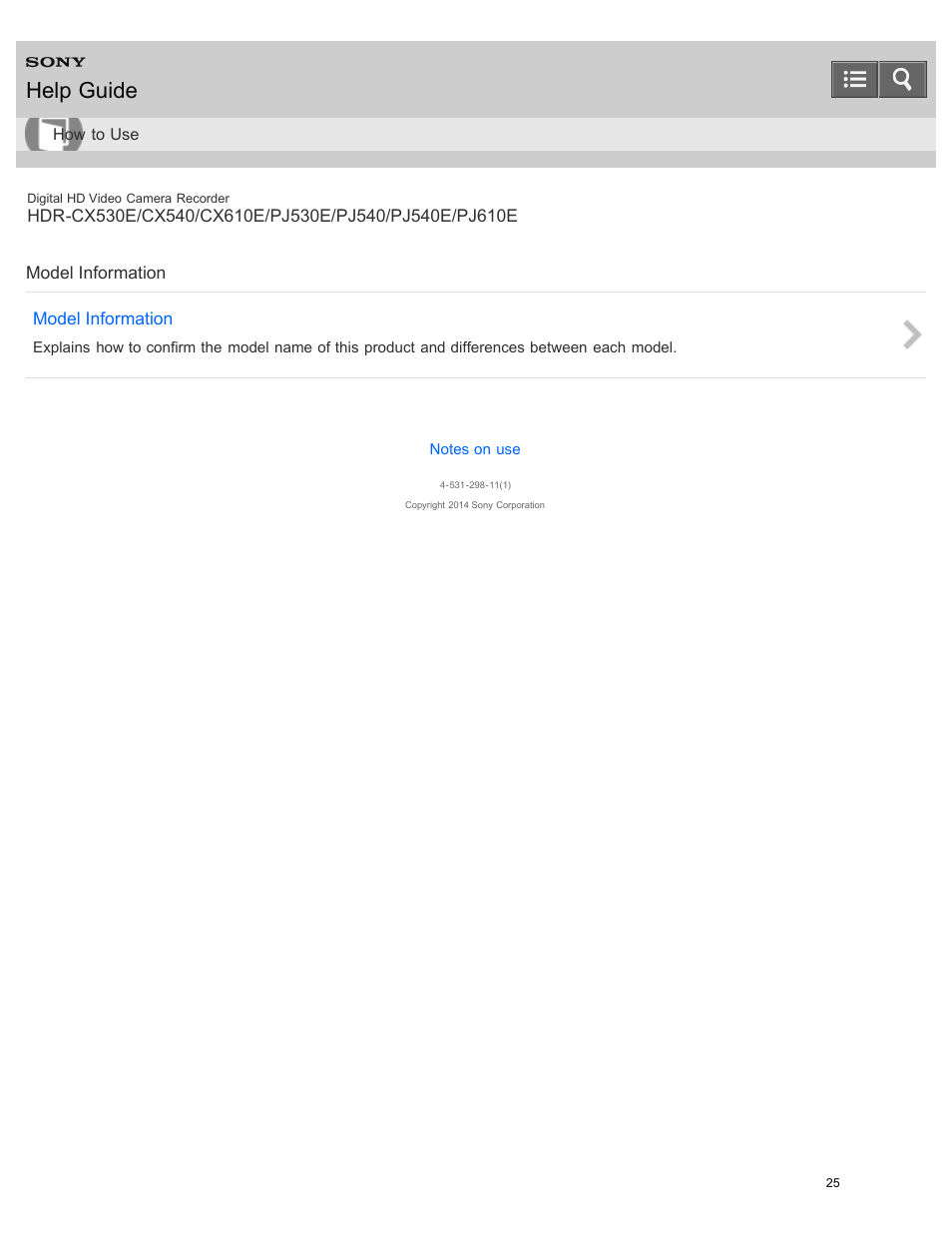 Model information, Help guide | Sony HDR-PJ540 User Manual | Page 36 / 394