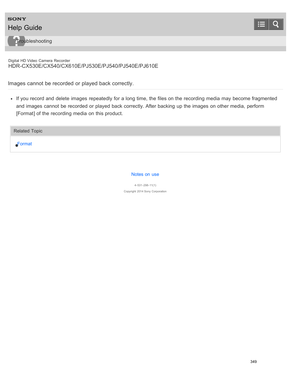 Images cannot be recorded or played back correctly, Help guide | Sony HDR-PJ540 User Manual | Page 360 / 394