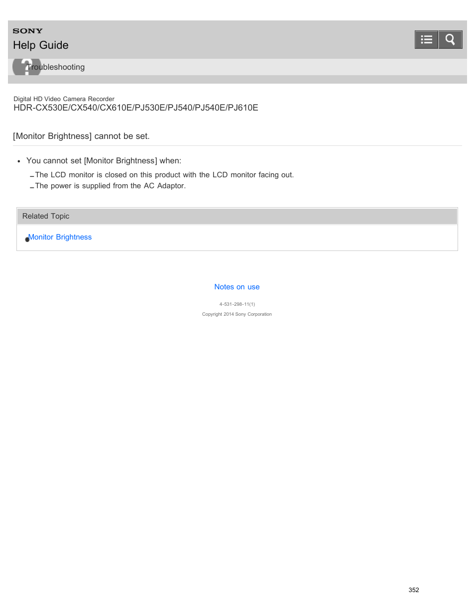 Monitor brightness] cannot be set, Help guide | Sony HDR-PJ540 User Manual | Page 363 / 394
