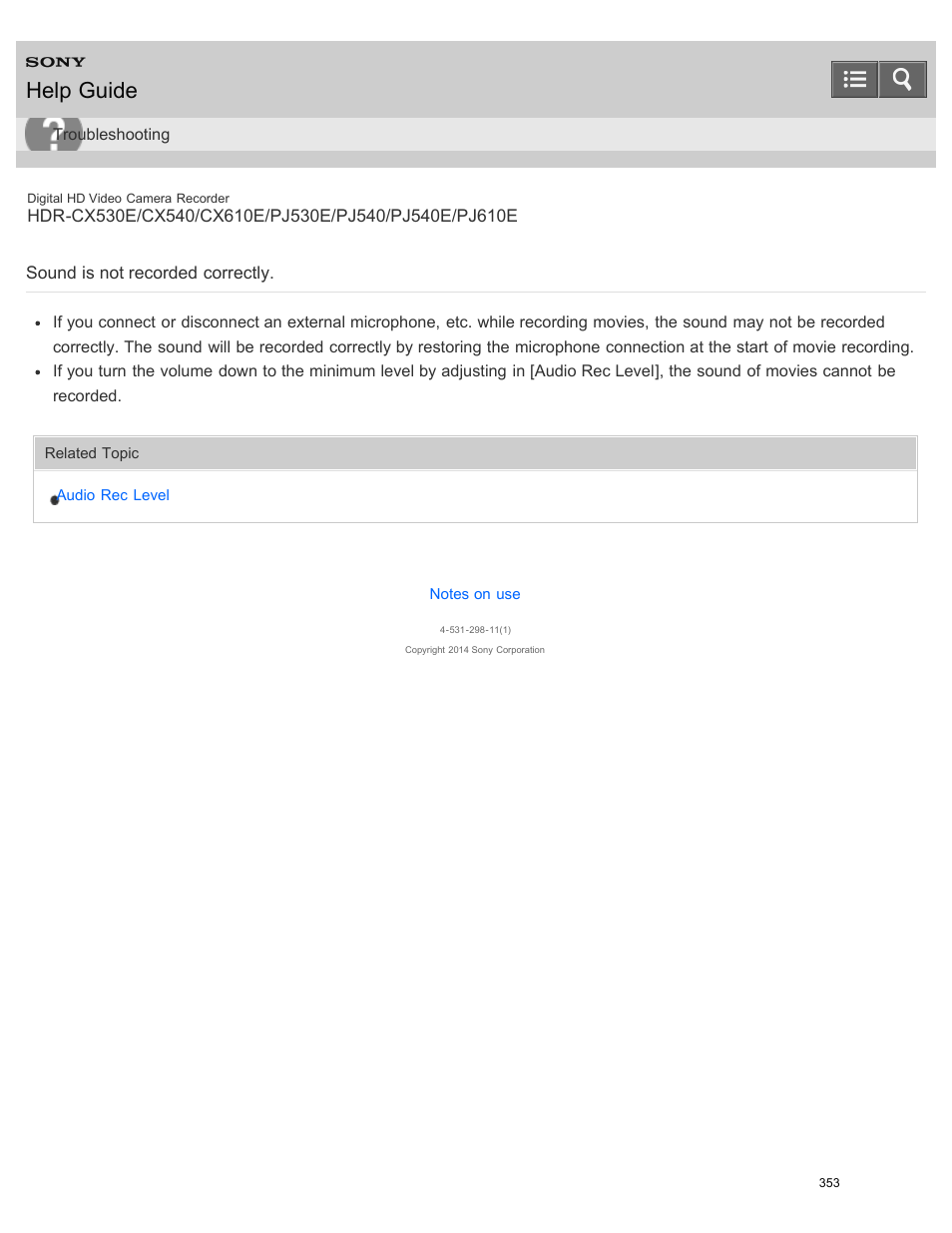 Sound is not recorded correctly, Help guide | Sony HDR-PJ540 User Manual | Page 364 / 394