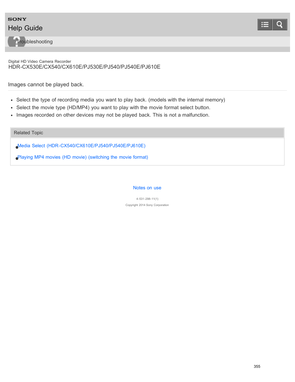 Images cannot be played back, Help guide | Sony HDR-PJ540 User Manual | Page 366 / 394