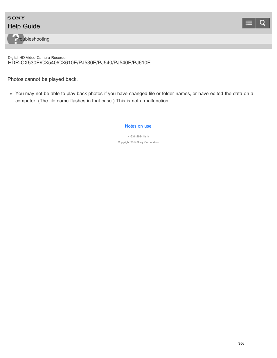 Photos cannot be played back, Help guide | Sony HDR-PJ540 User Manual | Page 367 / 394