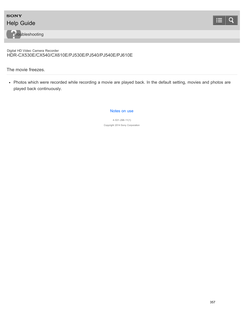 The movie freezes, Help guide | Sony HDR-PJ540 User Manual | Page 368 / 394