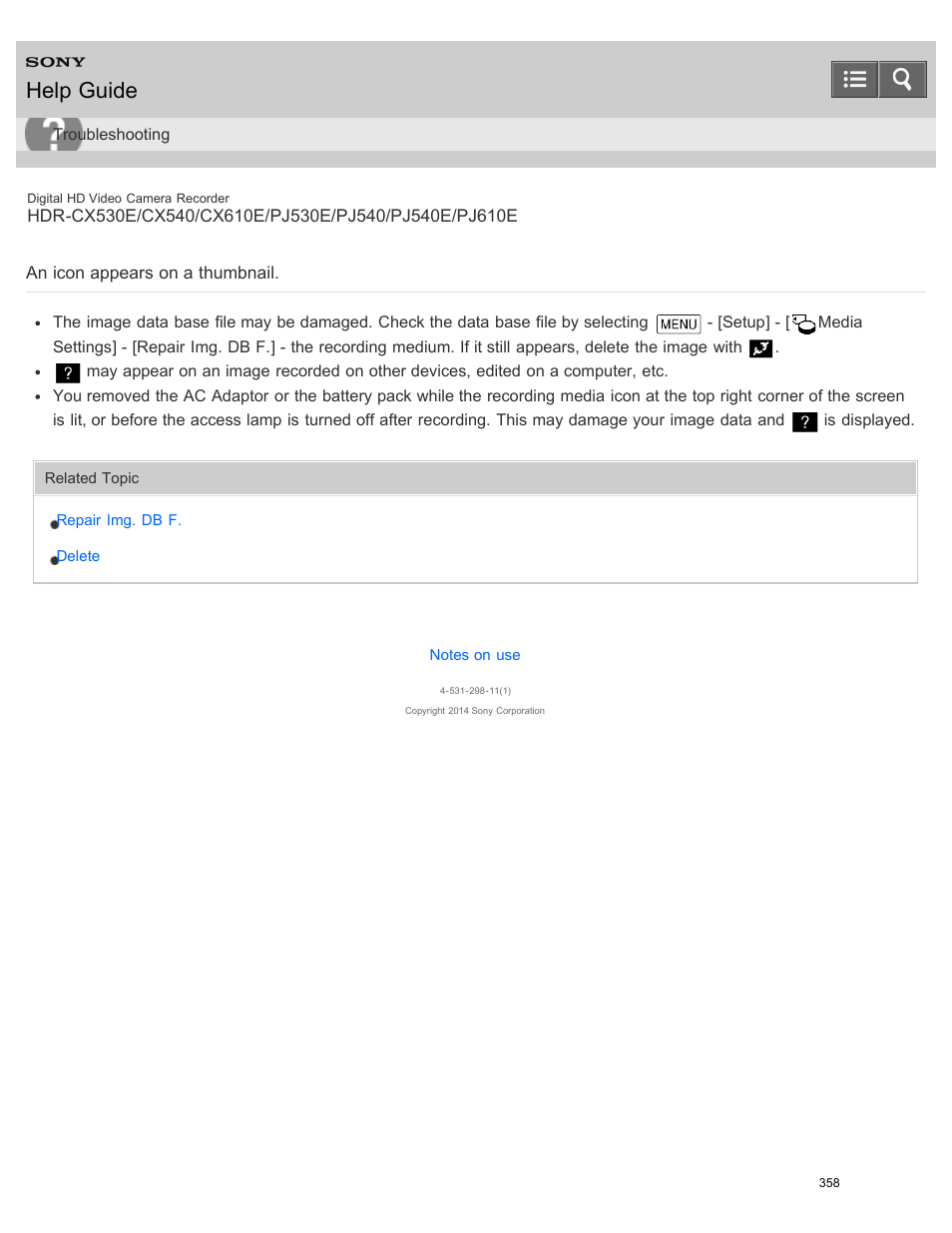 An icon appears on a thumbnail, Help guide | Sony HDR-PJ540 User Manual | Page 369 / 394