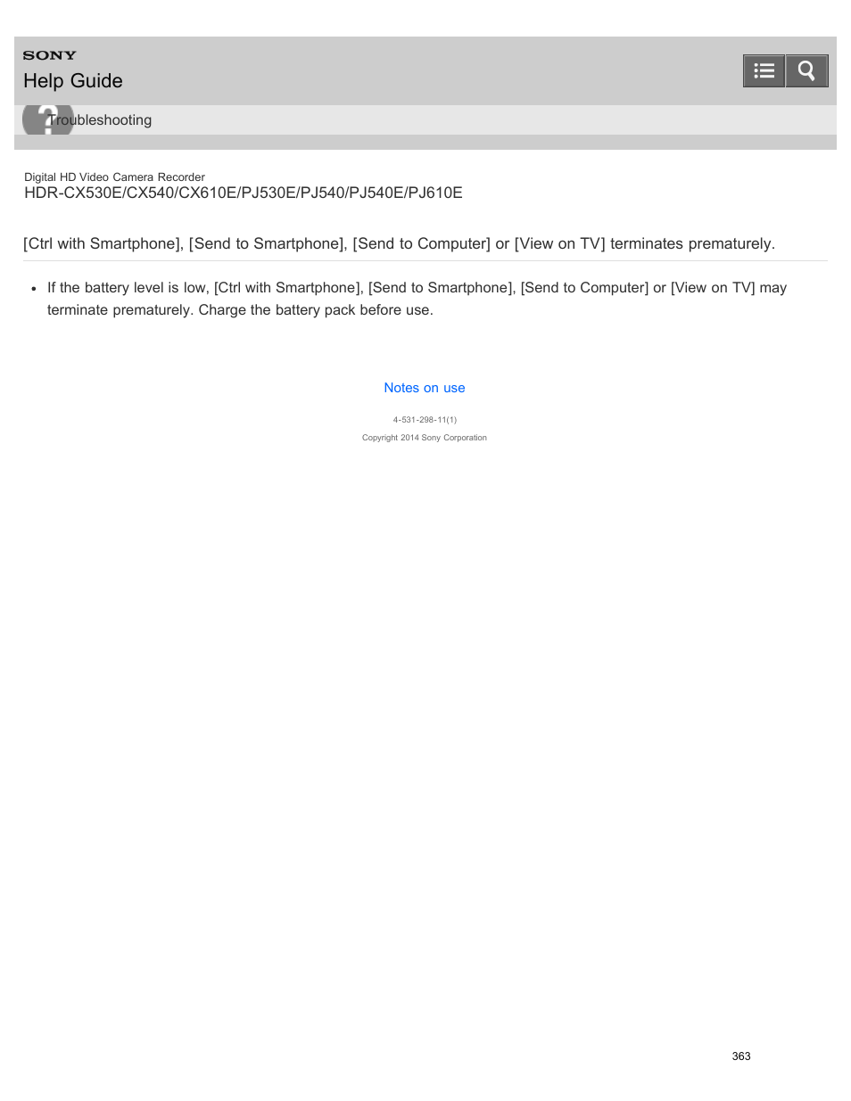 View on tv] terminates prematurely, Help guide | Sony HDR-PJ540 User Manual | Page 374 / 394