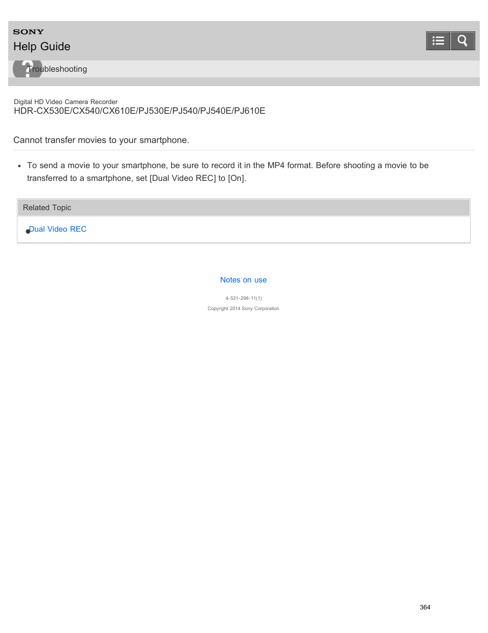 Cannot transfer movies to your smartphone, Help guide | Sony HDR-PJ540 User Manual | Page 375 / 394
