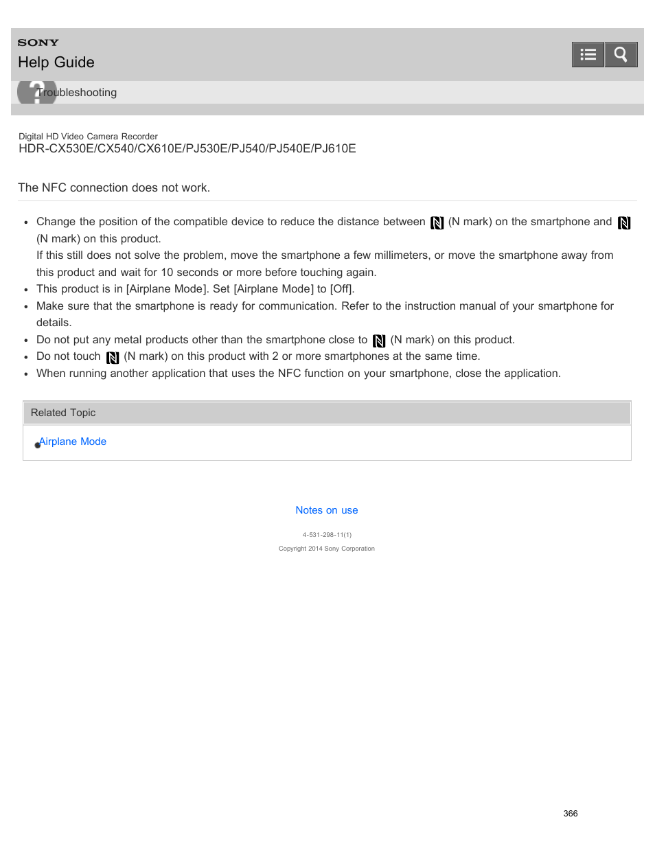 The nfc connection does not work, Help guide | Sony HDR-PJ540 User Manual | Page 377 / 394