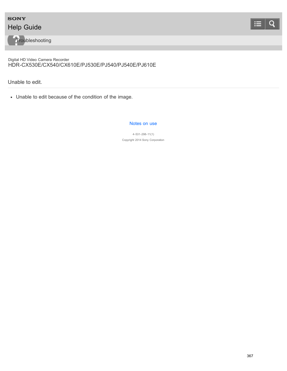 Unable to edit, Help guide | Sony HDR-PJ540 User Manual | Page 378 / 394