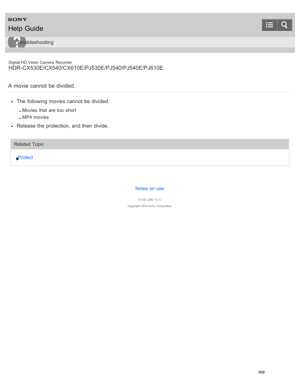 A movie cannot be divided, Help guide | Sony HDR-PJ540 User Manual | Page 379 / 394