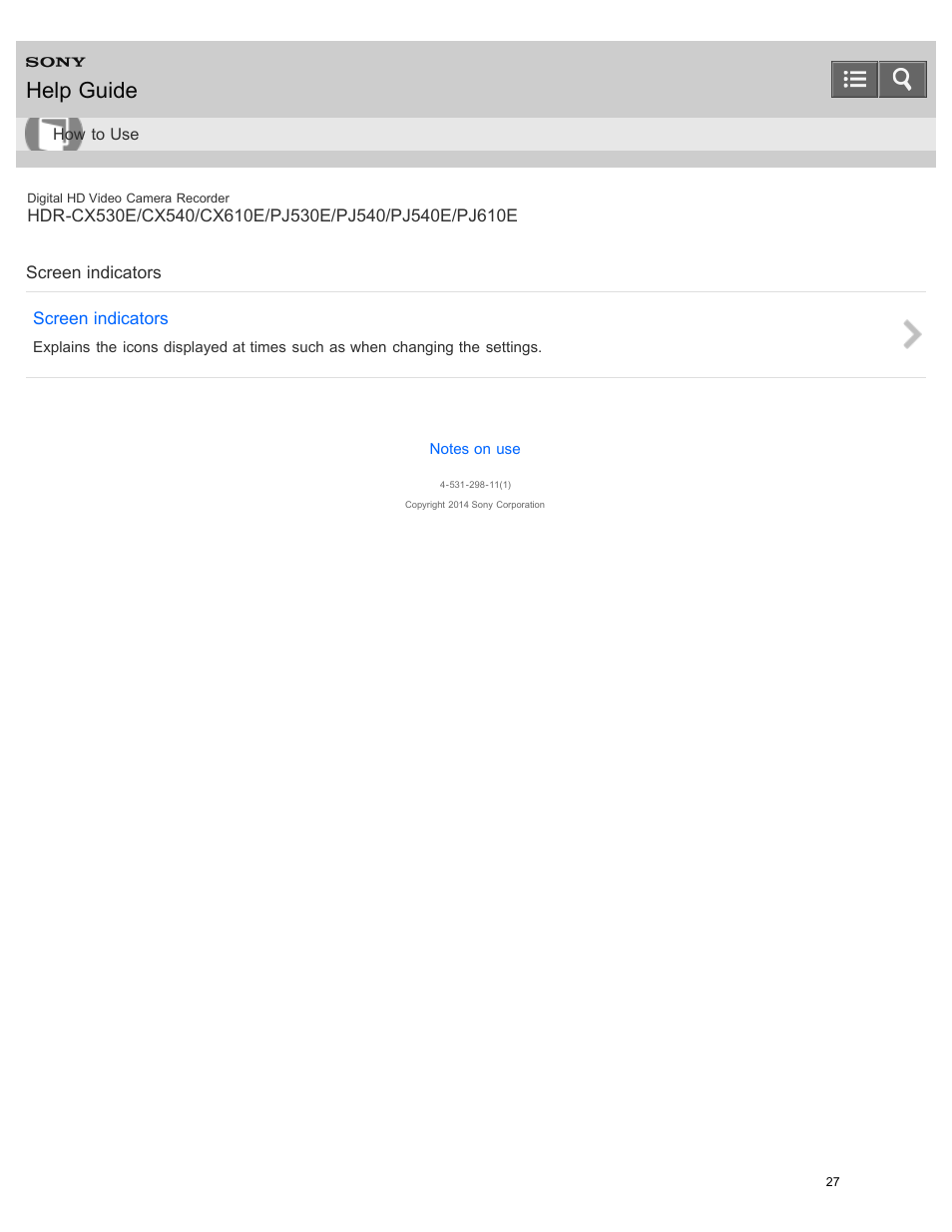 Screen indicators, Help guide | Sony HDR-PJ540 User Manual | Page 38 / 394