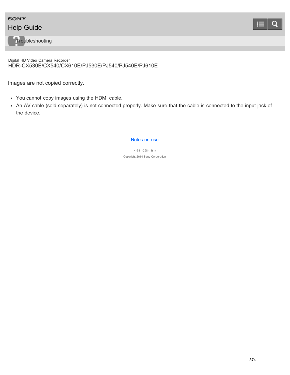 Images are not copied correctly, Help guide | Sony HDR-PJ540 User Manual | Page 385 / 394