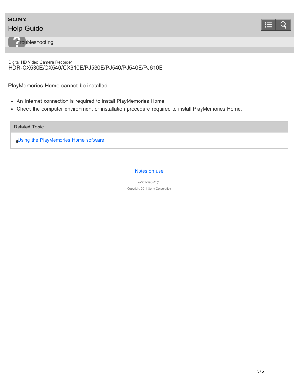 Playmemories home cannot be installed, Help guide | Sony HDR-PJ540 User Manual | Page 386 / 394