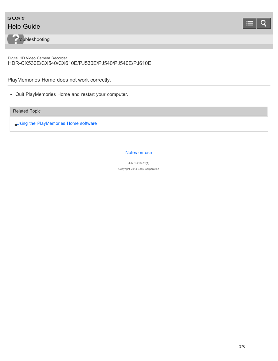 Playmemories home does not work correctly, Help guide | Sony HDR-PJ540 User Manual | Page 387 / 394