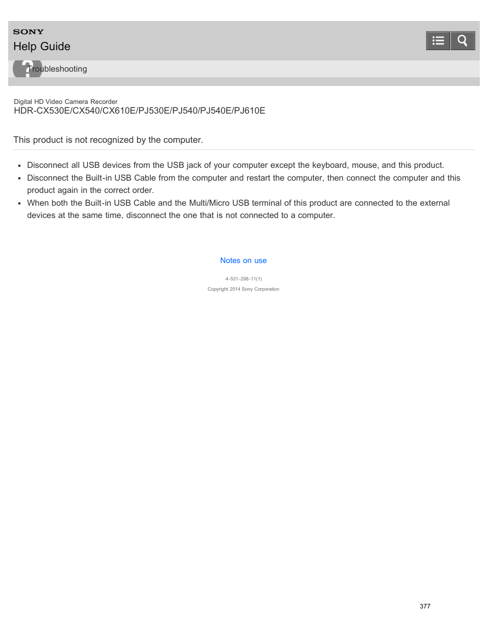 This product is not recognized by the computer, Help guide | Sony HDR-PJ540 User Manual | Page 388 / 394