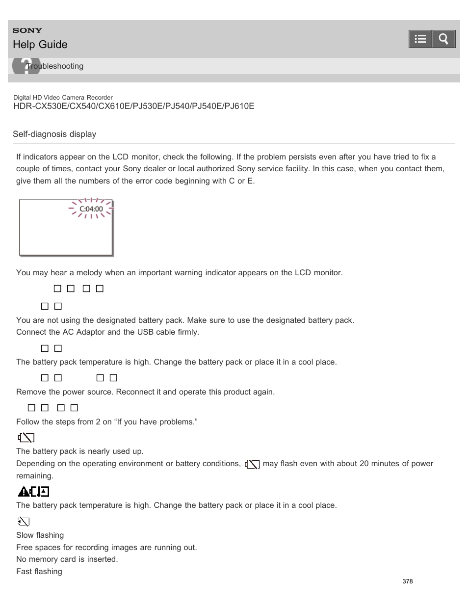 Self-diagnosis display, Help guide | Sony HDR-PJ540 User Manual | Page 389 / 394