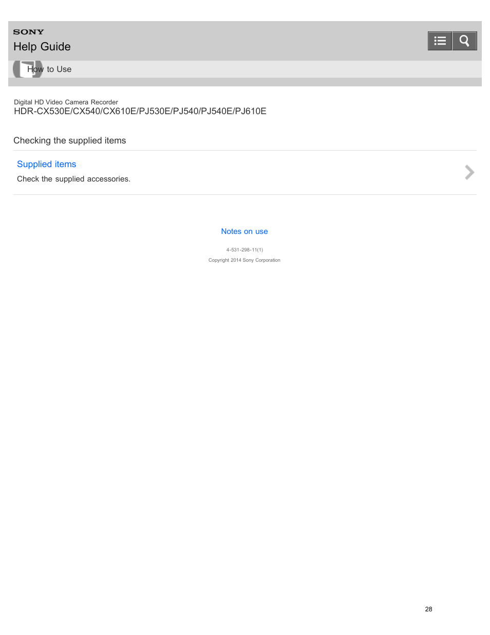 Checking the supplied items, Help guide | Sony HDR-PJ540 User Manual | Page 39 / 394