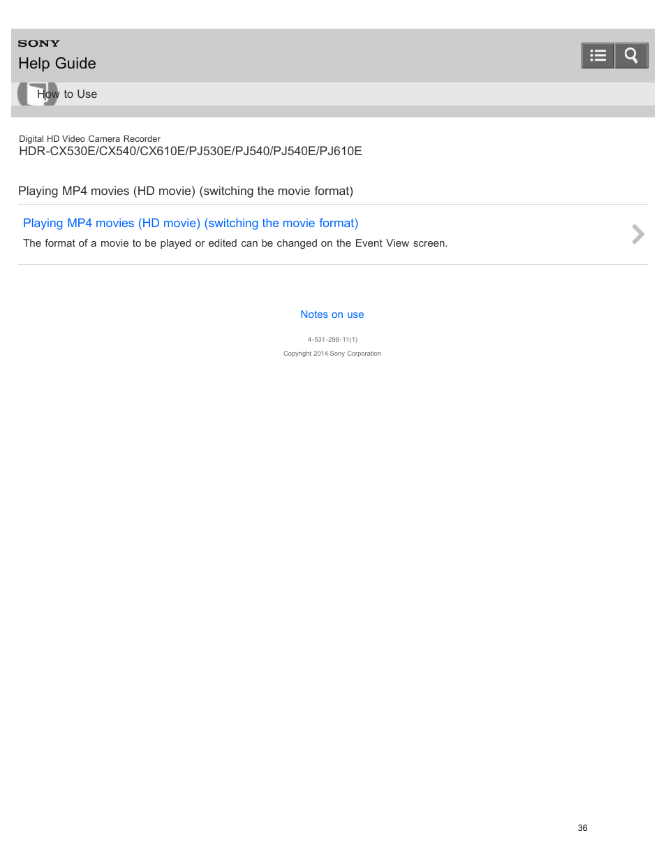 Help guide | Sony HDR-PJ540 User Manual | Page 47 / 394
