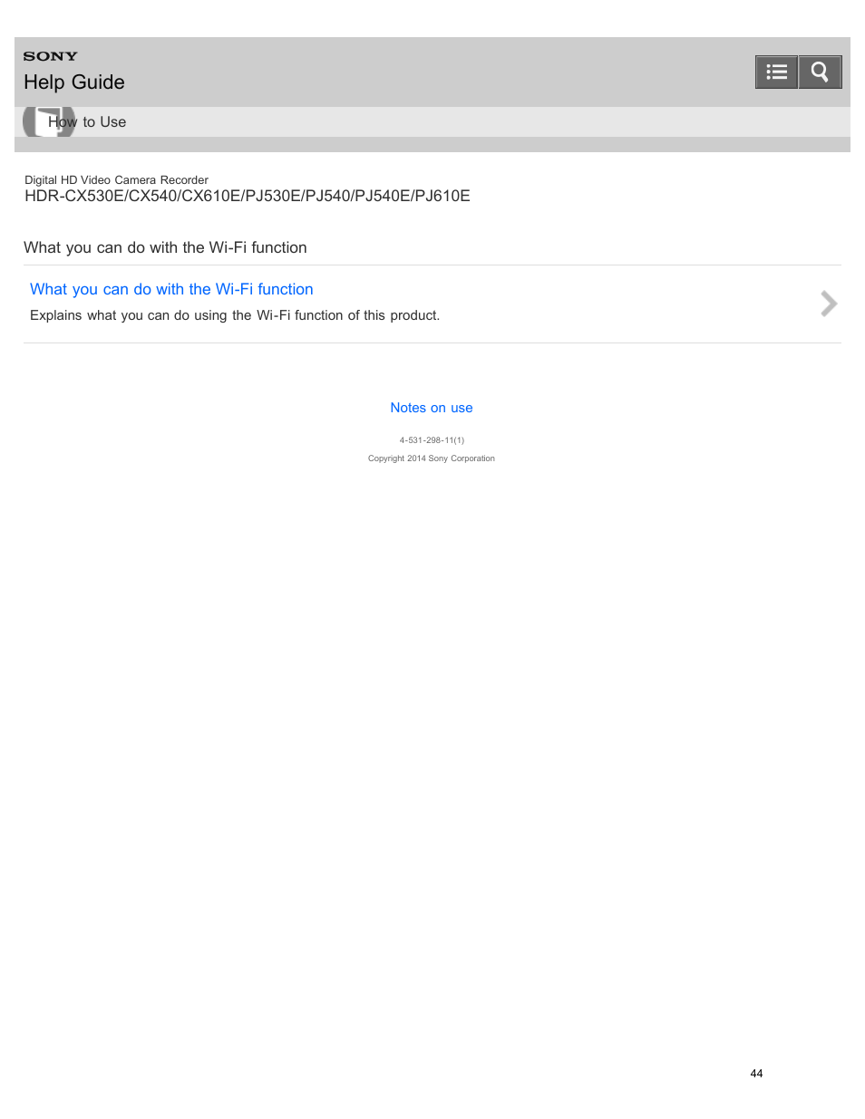 What you can do with the wi-fi function, Help guide | Sony HDR-PJ540 User Manual | Page 55 / 394