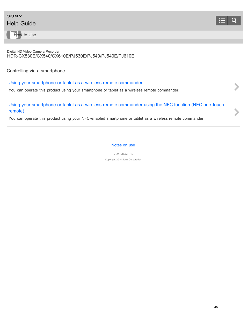 Controlling via a smartphone, Help guide | Sony HDR-PJ540 User Manual | Page 56 / 394