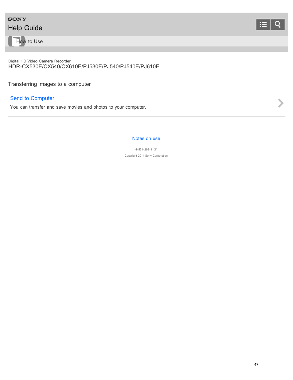 Transferring images to a computer, Help guide | Sony HDR-PJ540 User Manual | Page 58 / 394