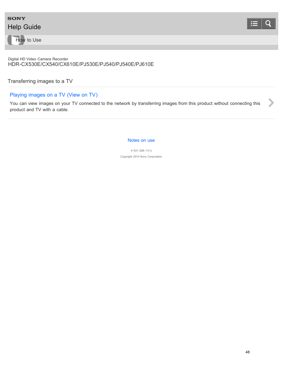 Transferring images to a tv, Help guide | Sony HDR-PJ540 User Manual | Page 59 / 394
