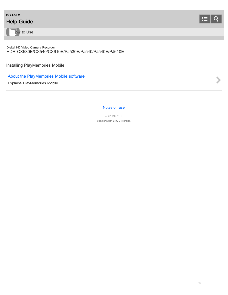 Installing playmemories mobile, Help guide | Sony HDR-PJ540 User Manual | Page 61 / 394