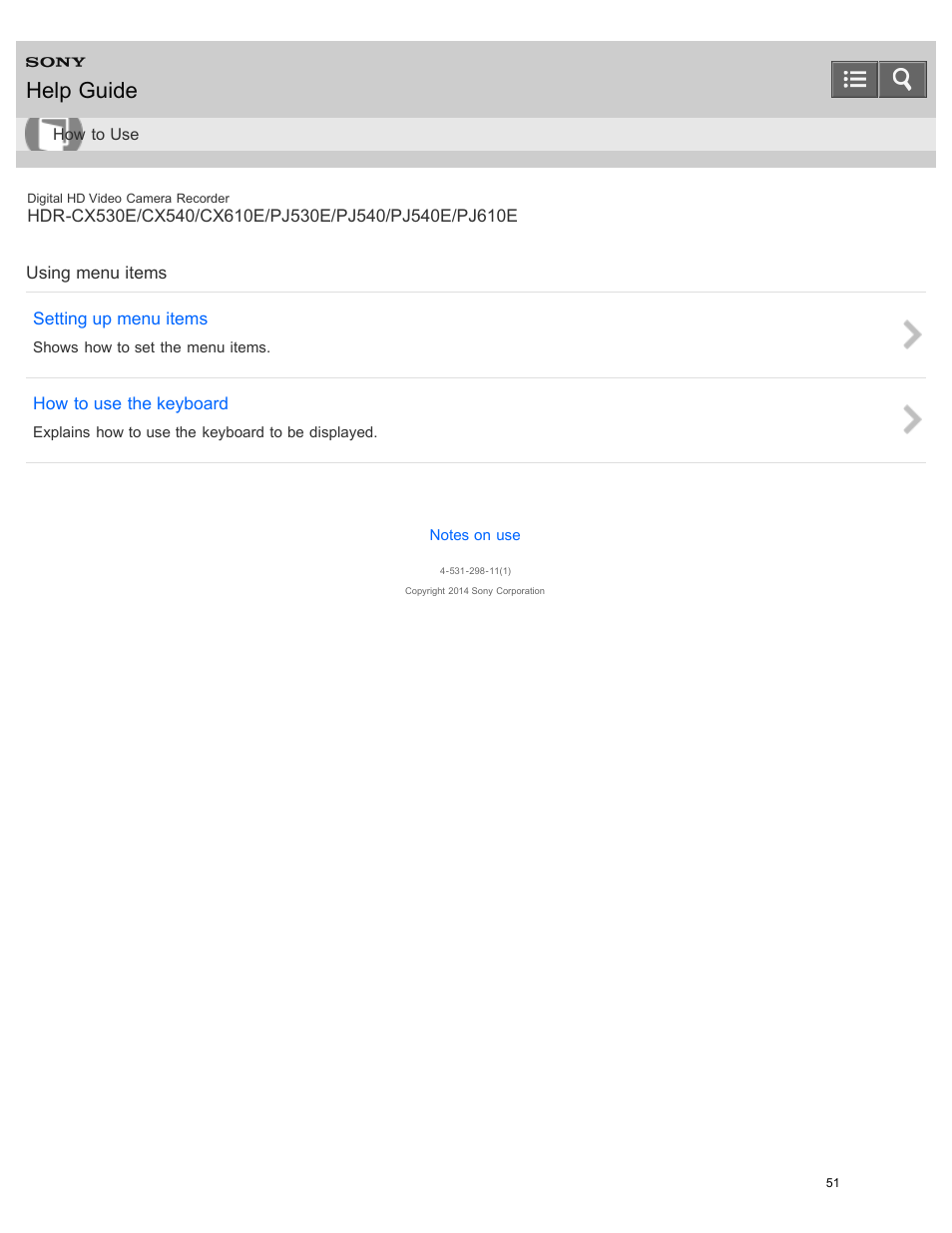 Using menu items, Help guide | Sony HDR-PJ540 User Manual | Page 62 / 394