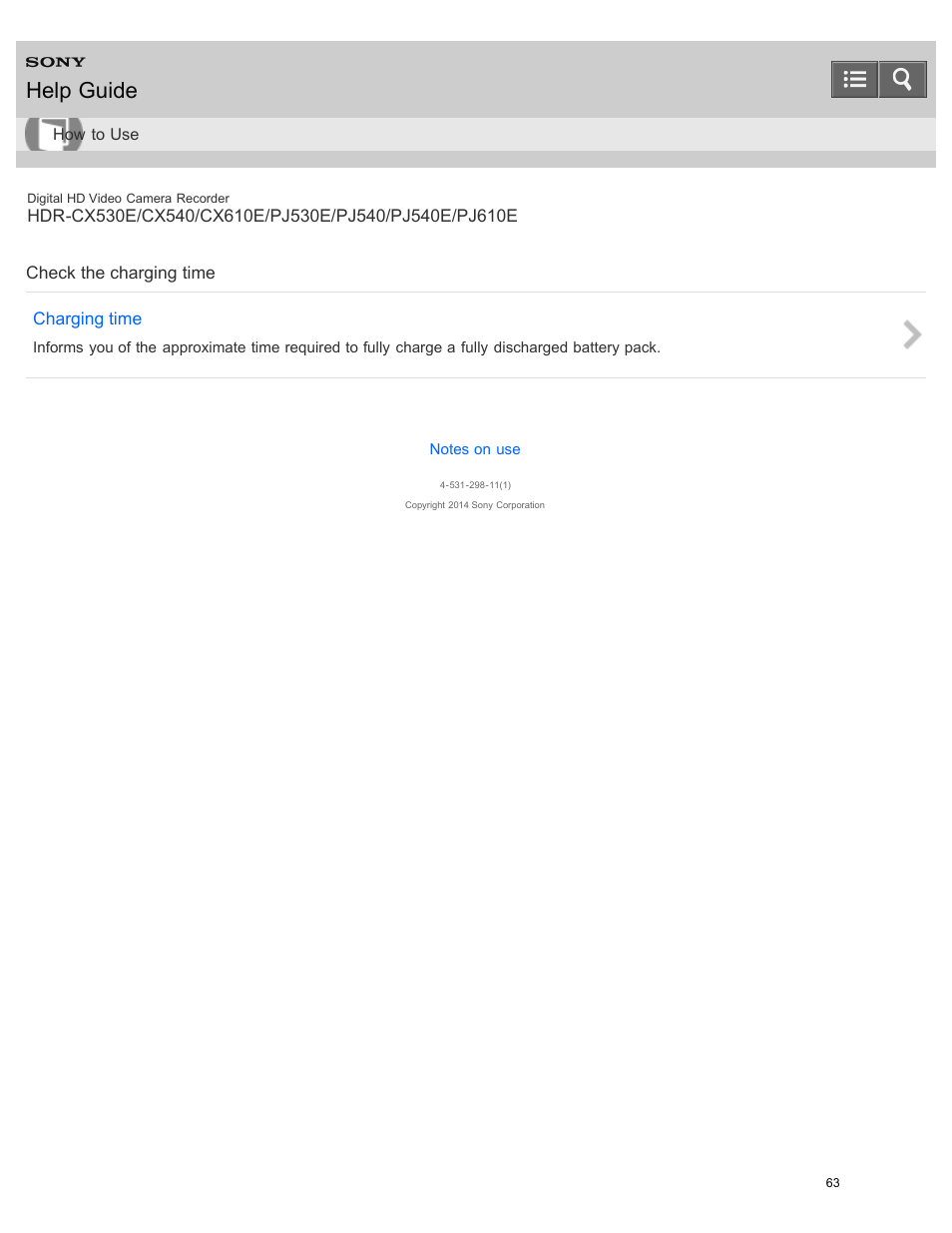 Check the charging time, Help guide | Sony HDR-PJ540 User Manual | Page 74 / 394