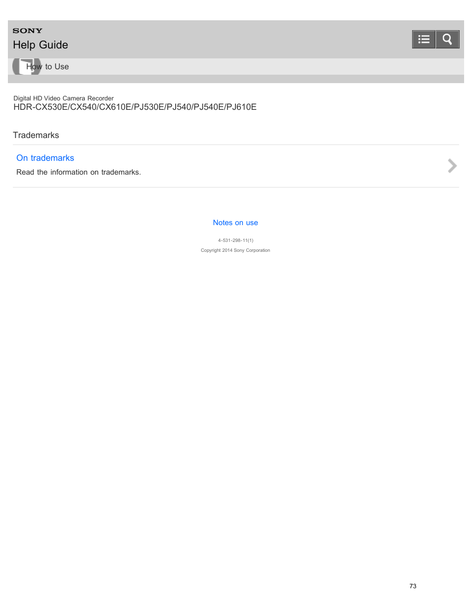 Trademarks, Help guide | Sony HDR-PJ540 User Manual | Page 84 / 394