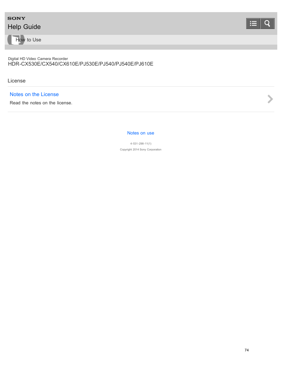 License, Help guide | Sony HDR-PJ540 User Manual | Page 85 / 394